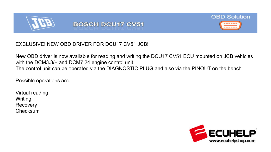 KT200II New OBD Driver for DCU7 CV51 JCB